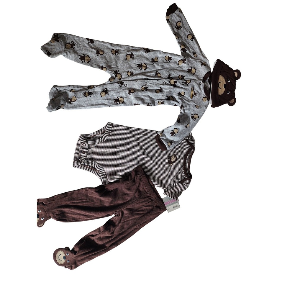 Carters Baby Boy 4 Piece Set Monkey Sleeper Striped Bodysuit Bear Pants Hat NEW